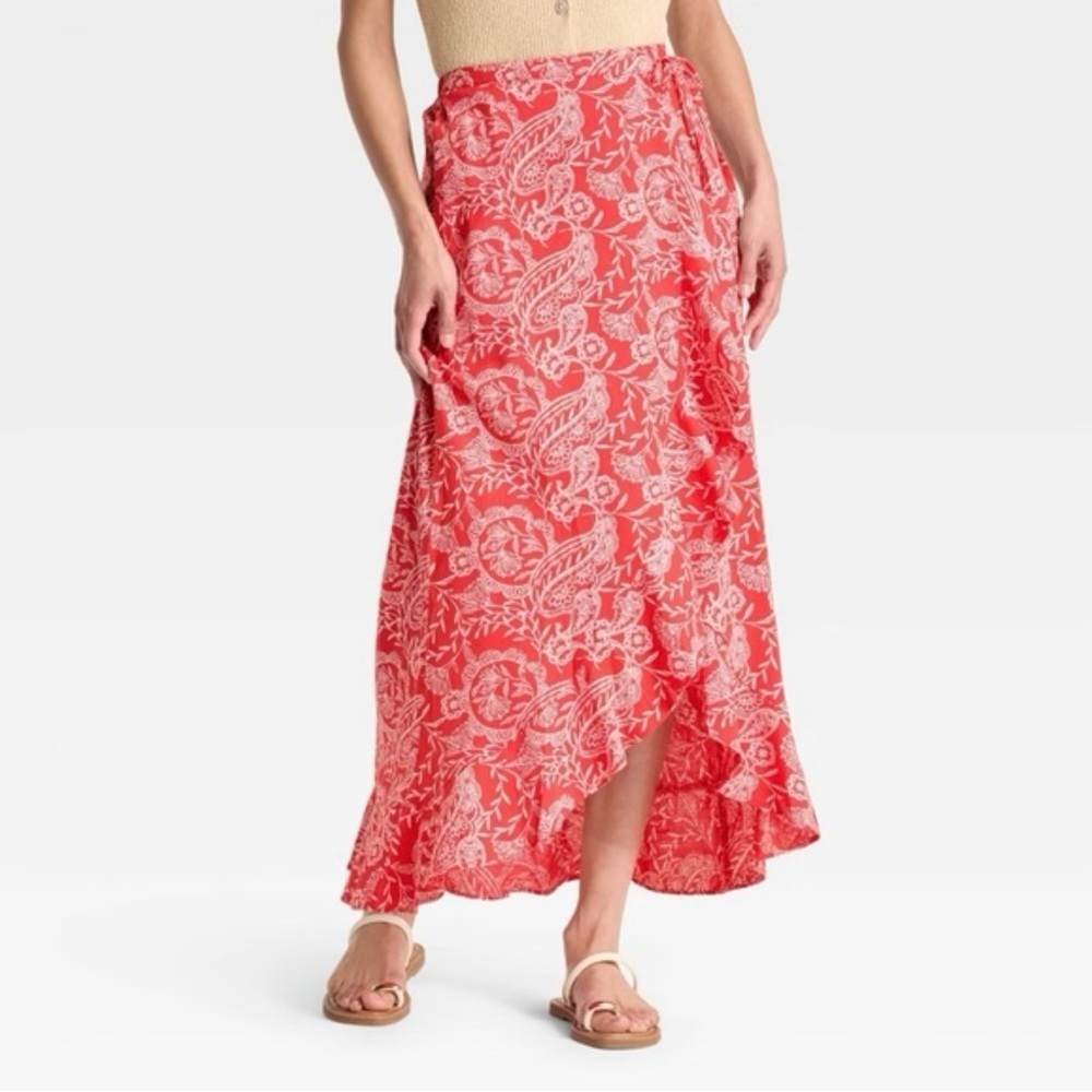 Picnic Red White Paisley Floral Wrap Midi Skirt M Tie Waist - Picture 1 of 12